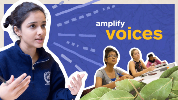 Photo of a student speaking with the words "amplify voices" written 