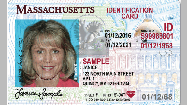 Photo of a sample Massachusetts ID card