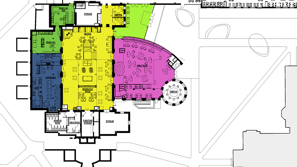 Colored floor plan of lower level.
