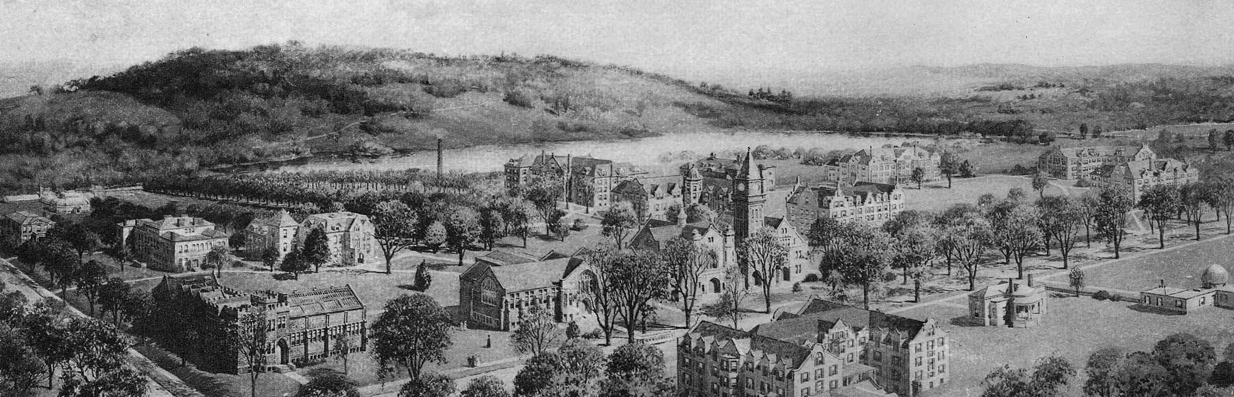 Black and white photo of Mount Holyoke's campus from the archives.