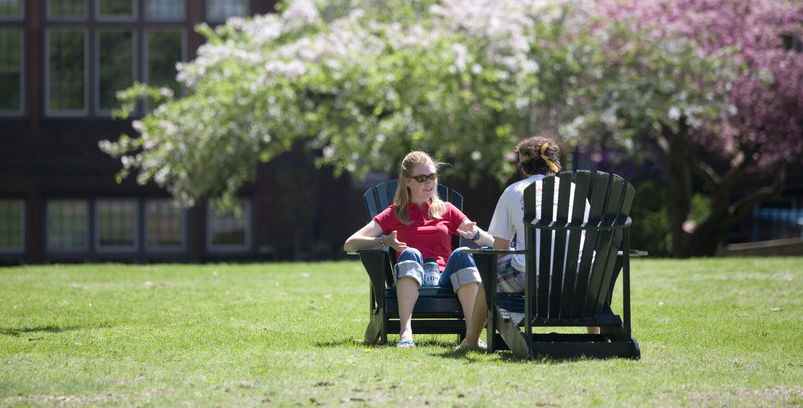 Two students on the green in the sun engaged in discussion.