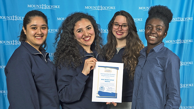 Board members of the Mount Holyoke Model United Nations pose with their Distinguished Student Organization Award citation (from left): Maham Khan '19, Marwa Mikati '17, Kim Foreiter '19 and Edith Amoafoa-Smart '19. Board members of the Mount Holyoke Model United Nations pose with their Distinguished Student Organization Award citation (from left): Maham Khan '19, Marwa Mikati '17, Kim Foreiter '19 and Edith Amoafoa-Smart '19.