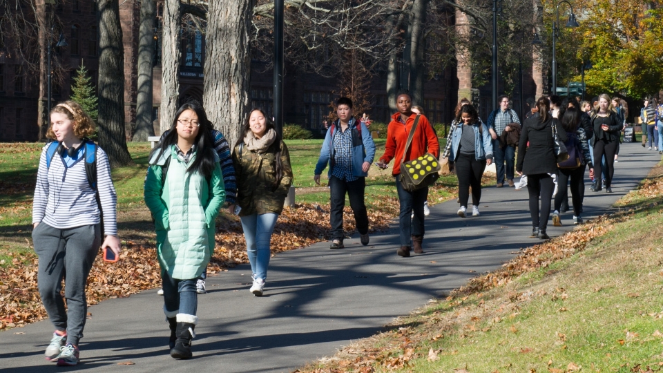 Image of students walking between classes