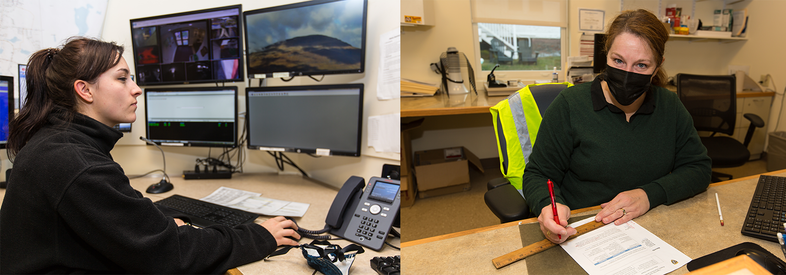 Public Safety staff members at the dispatch and reception desks