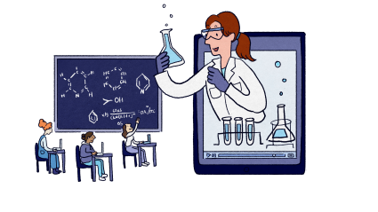 Remote Chemistry 2 This is a graphic depicting a teacher holding a bubbling flask leaning out of an iPad to address students at desks as in a traditional classroom.