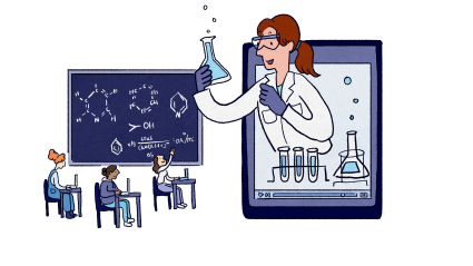 This is a graphic depicting a teacher holding a bubbling flask leaning out of an iPad to address students at desks as in a traditional classroom.