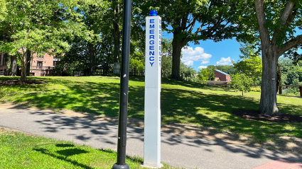 One of the emergency call box poles on the Mount Holyoke College campus
